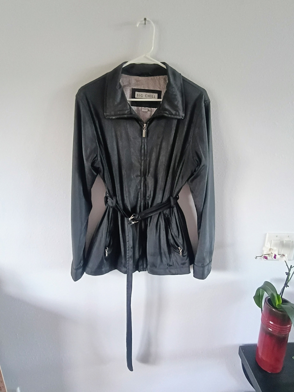 Big Chill Womens Black Faux Leather Belted Utility Jacket Zip Front Coat Medium